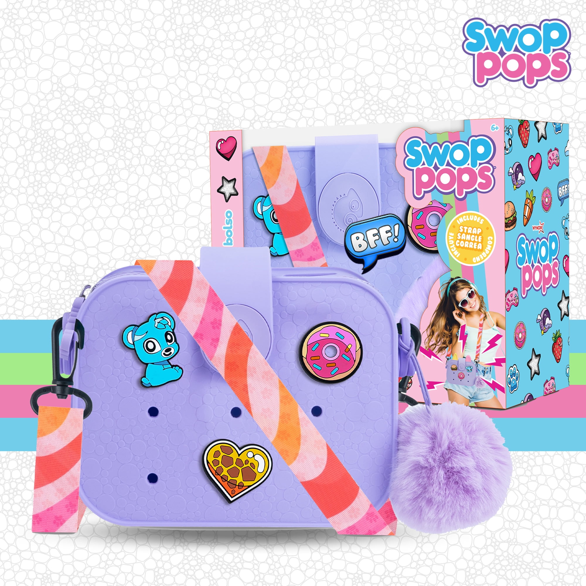 Swop Pop Ultimate Handbag Set - Fashion Play Toy with Pops, Badges, Strap & Fluffy Pompom - Girls Mix & Match Toy for Creative Expression, Trendy Dress Up Purse & Collectible Bag for Kids (Purple)