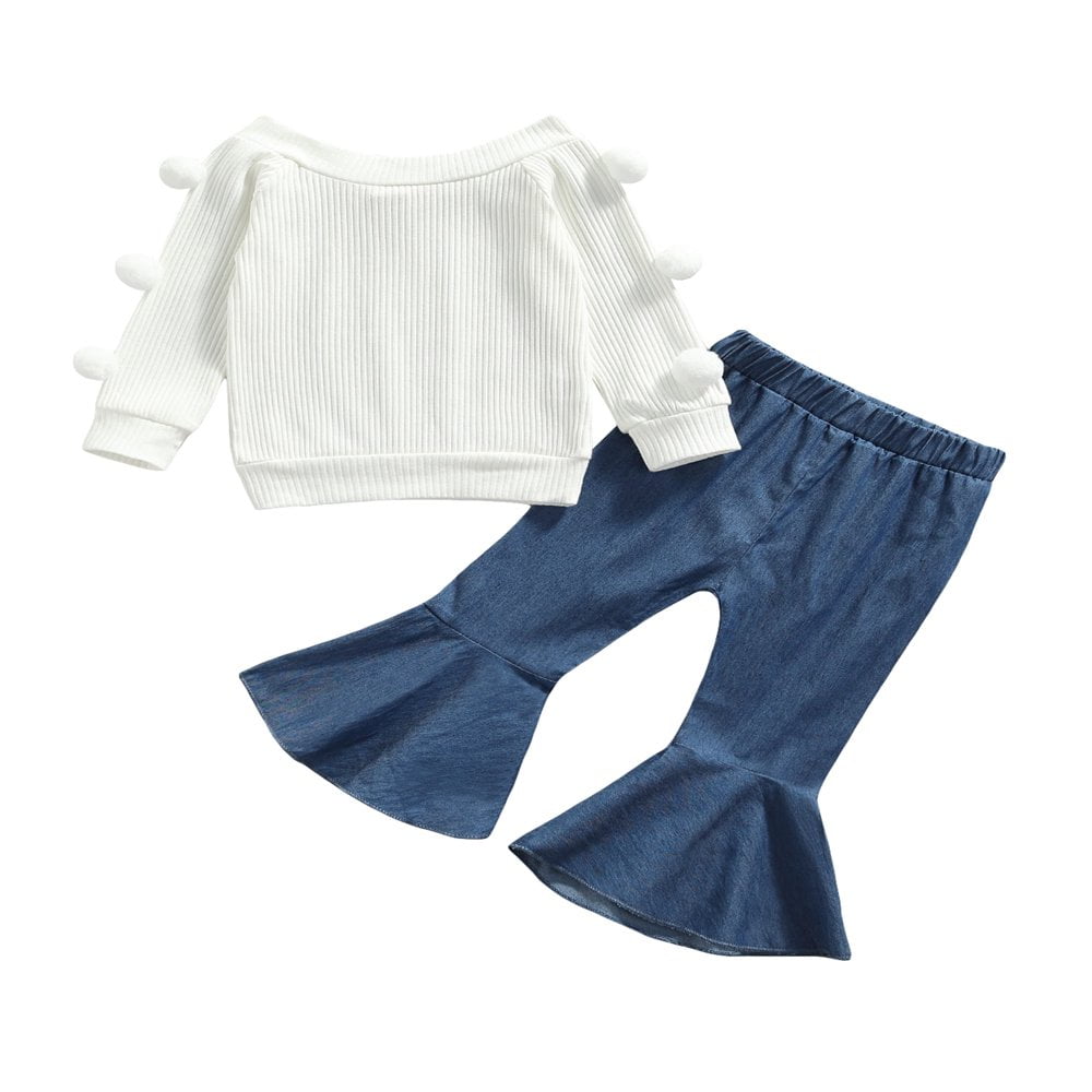 Toddler Baby Girl Fall Clothes Pom Poms Long Sleeve Sweater Pullover Tops Flared Pants Set White 3 4 Years