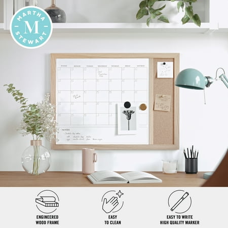 Martha Stewart - Everette Dry Erase Magnetic Monthly Calendar/Cork Board-24x18 - Light Natural Woodgrain