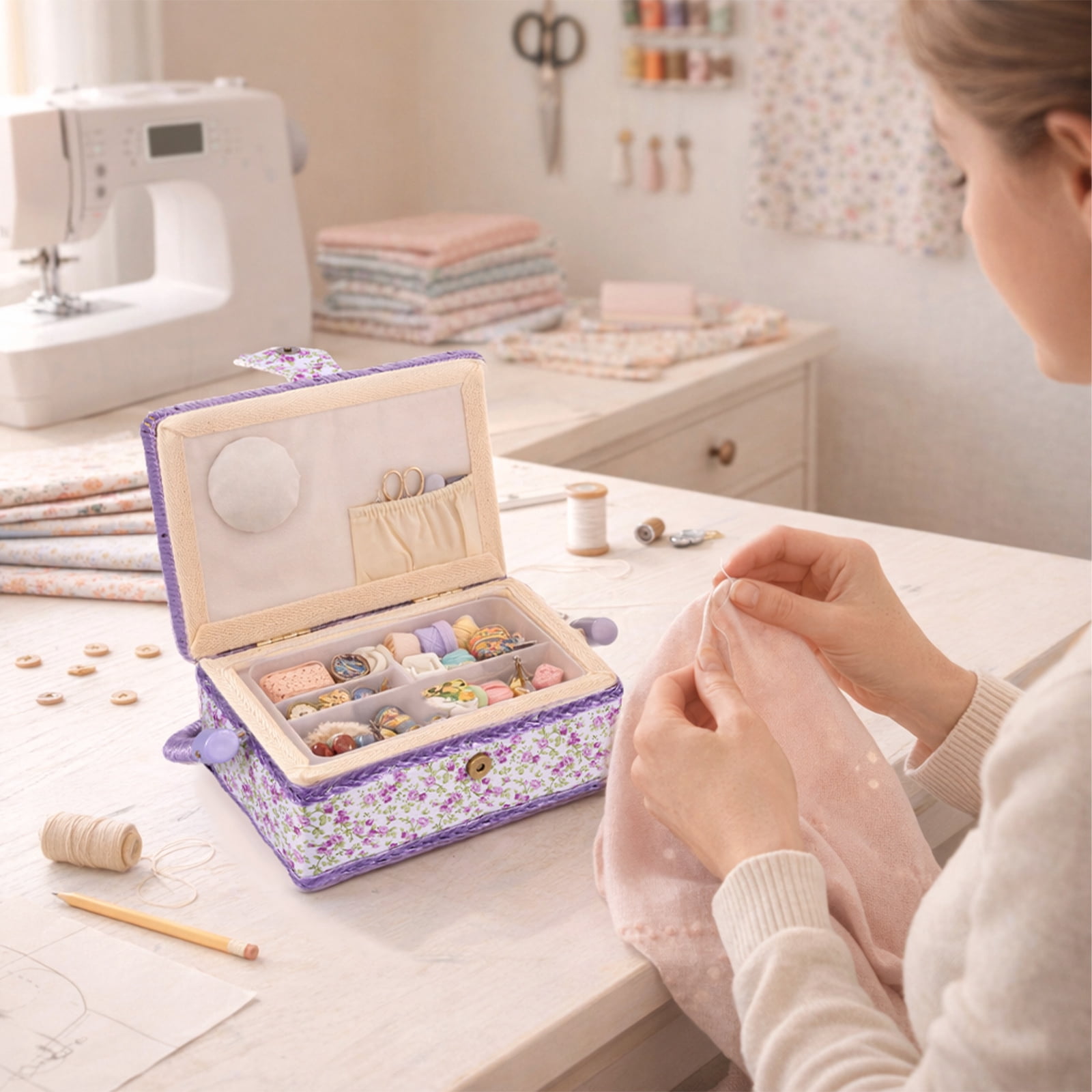Atopoler Floral Sewing Basket,Vintage Wood Sewing Box with Tray and Handle for Traveling Beginner Professional,No Accessories,Purple Color