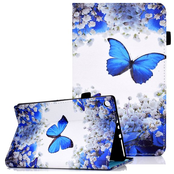 Allytech Stand Case for Kindle Fire HD 10.1" 2019 9th Gen Old Model, Fire HD 10 7th/5th Gen 2017/2015 Cover with Pen Holder, Folio PU Leather Auto Wake Sleep Wallet Tablet Case, Blue Butterfly