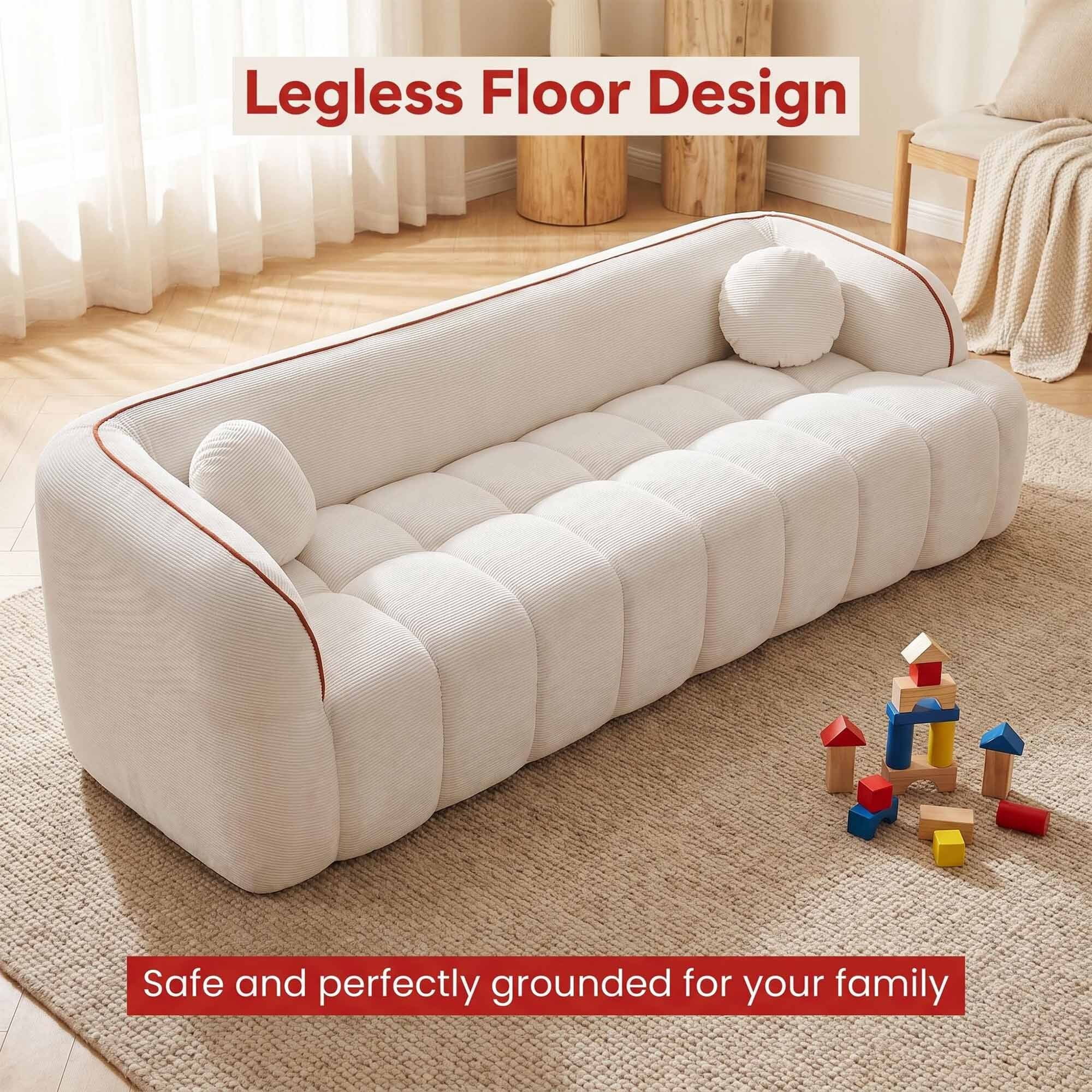 Lunale 98" Curved Bonelessd Sofa, 3-Seater Cloud Couch, No Assembly Required, Modern Corduroy Bubble Sofa for Living Room, Beige