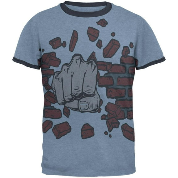 Brick Fist All Over Heather Blue-Navy Men's Ringer T-Shirt - Medium