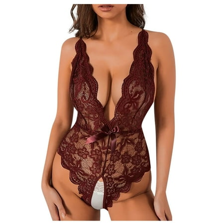 

YDKZYMD Wine Women s Sexy Nightgown Lace Siamese Deep V Sexy Nightgown Slit Naughty Lingerie