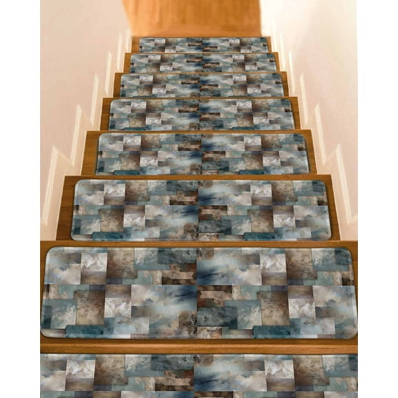 Blue Brown Geometric Stair Treads for Wooden Steps Indoor Runner Rug Carpet, Modern Ombre Abstract Art 7 Pieces Peel and Stick Staircase Step Treads Covers Washable Throw Door Mats, 30"x8"