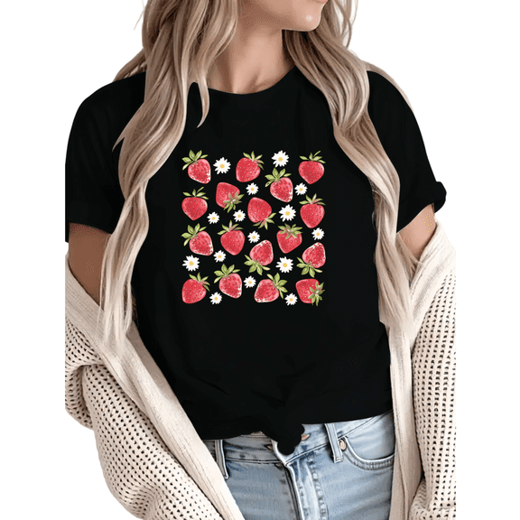 Women Casual Strawberry Daisy Pattern Graphic Tees Cotton Crew Neck Printed T Shirt Tops Black S-5XL