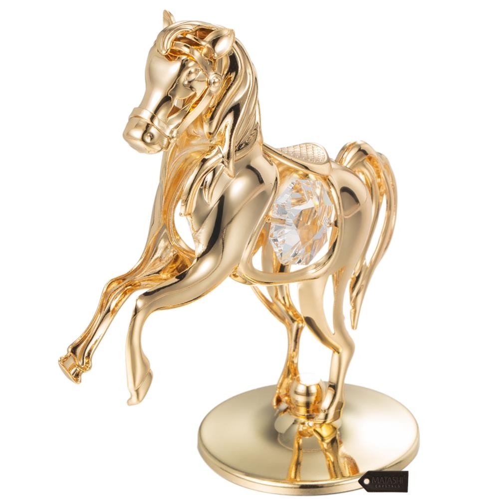 24K Gold Plated Crystal Studded Horse On a Pedestal Ornament by Matashi - image 4 of 7