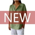 thumbnail image 4 of Olyvenn Linen Tops for Women Summer V Neck 3/4 Length Sleeve Womens Tops with Button Roll-Up Sleeve Casual Loose Fit Blouses Army Green XXXXL, 4 of 7