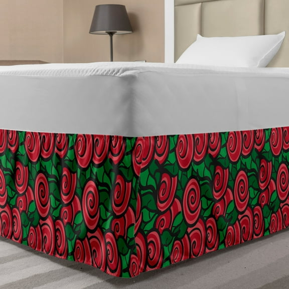 Rose Bed Skirt, Pattern with Roses in Doodle Style Romantic Nature Artwork, Elastic Bedskirt Dust Ruffle Wrap Around for Bedding Decor, 4 Sizes, Green Charcoal Grey, by Ambesonne