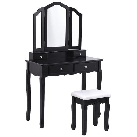 Gymax Bathroom Tri Folding Mirror Vanity Makeup Table Stool Set Black