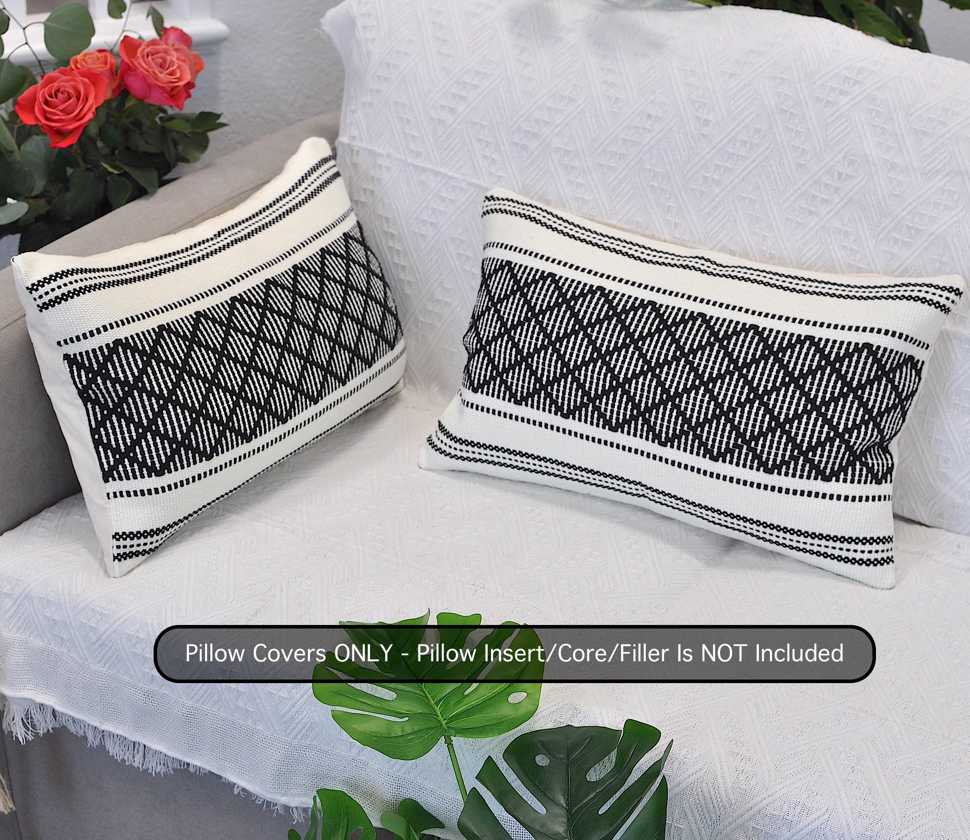 Cotton Woven Designer Lumbar Throw Pillow Covers Black and White, 12 x 20 inches | Oblong Small Rectangular Pillow Cases Set of 2