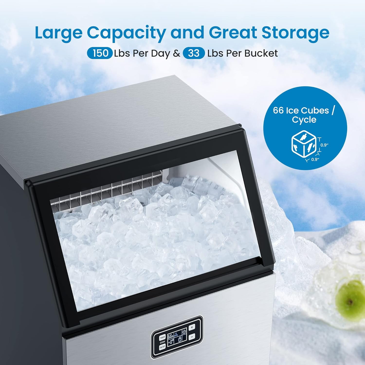 YUSAZENS 150LBS/24H Commercial Under Counter Ice Maker, Stainless Steel Freestanding Ice Machine with 33LBS Storage, Auto Self-Cleaning, Produces Ice in 5-15 Minutes