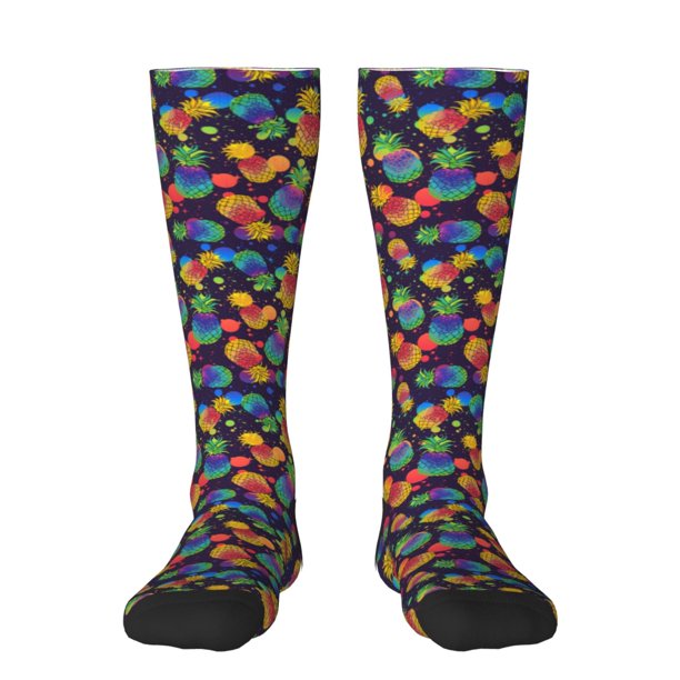 Fotbe Colorful Pineapples1 Calcetas Divertidas Estampadas para Hombre y Mujer, Calcetas de Algodón hasta la Rodilla para Caminar, Correr, Enfermería y Embarazo