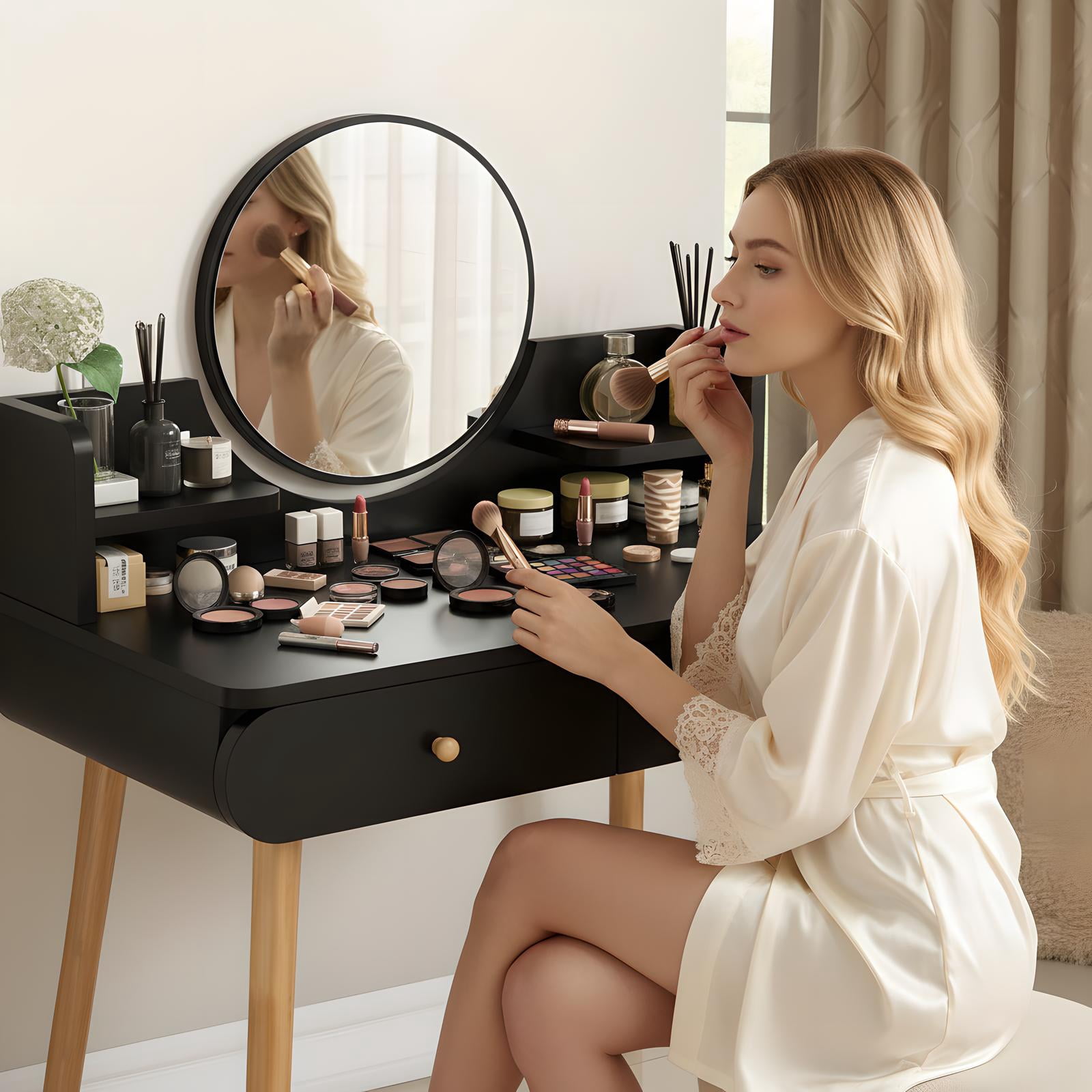 Liyufly Black Vanity Desk with 2 Drawers, Makeup Vanity Table Bathroom Vanity Dressing Table for Women Girls(Without Stool and LED)