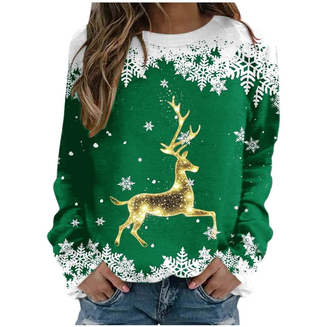 VBARHMQRT Sweat à Capuche Noir pour Femmes Décontracté Grand Cerf Doré Flocon de Neige Imprimé de Noël Col Rond Manches Longues Léger