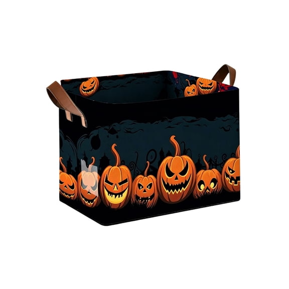 BSMAT Black Pumpkin Halloween Storage Bin, 14.96 x 10.24 Inch Foldable Cotton Canvas Basket with Handles, Spooky Organiser for Closet Shelf or Living Room