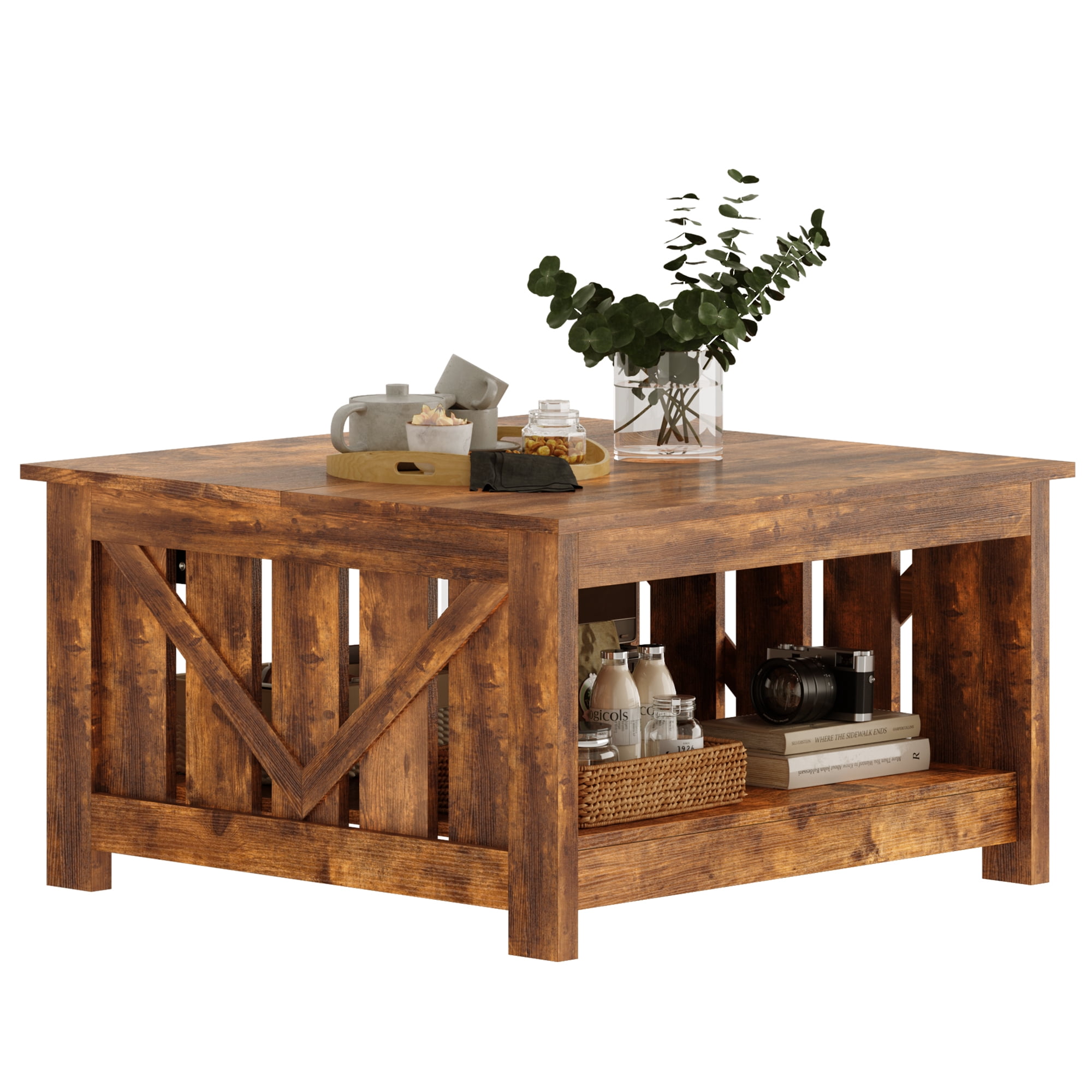 GUNAITO Lift Top Coffee Table with Storage Cabinet and 2 Compartments for Living Room, brown, 31.5''Hx31.5''W in