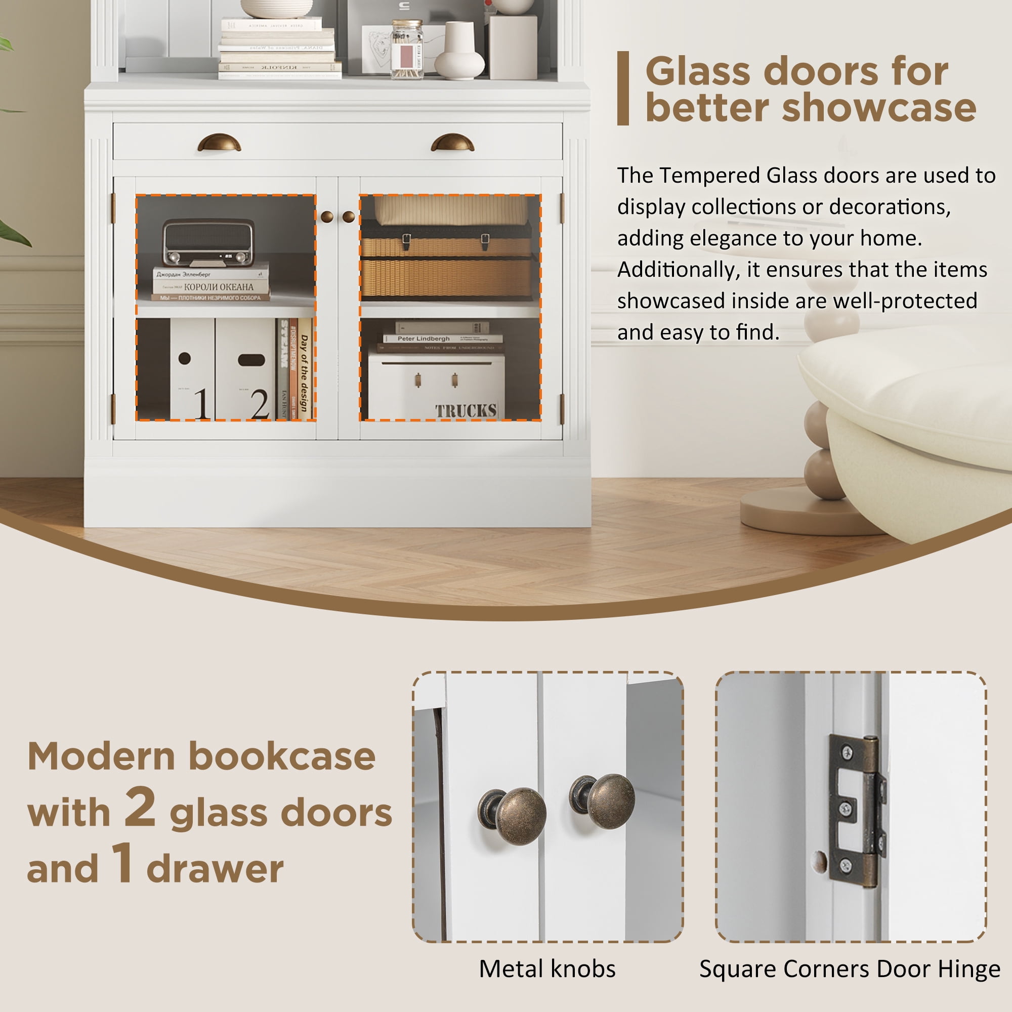 Euroco Bookshelf with LED Lighting Modern Bookcase with 2 Glass Doors and 1 Drawer Storage Bookcase, MDF, 83.4 Inch, White