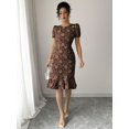 thumbnail image 4 of Coffee Brown Floral Jacquard Puff Sleeve Ruffle Hem Midi Fit & Flare Dress, 4 of 30