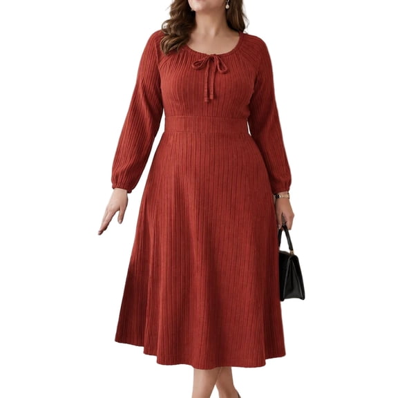 Mengpipi Women's Plus Size Knits Fall Spring Long Sleeve Round Neck Puff Sleeve with Bow Detail Fitted A-Line Solid Color Casual Comfortable Dress 1X-5X