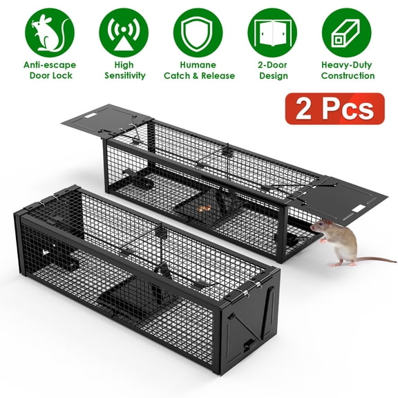 Moclever 2Pcs 2-Door Humane Live Rat Trap Galvanized Iron Rodent Trap Cage Reusable for Home Garden Farm Warehouse, 15.35x4.72x3.94in