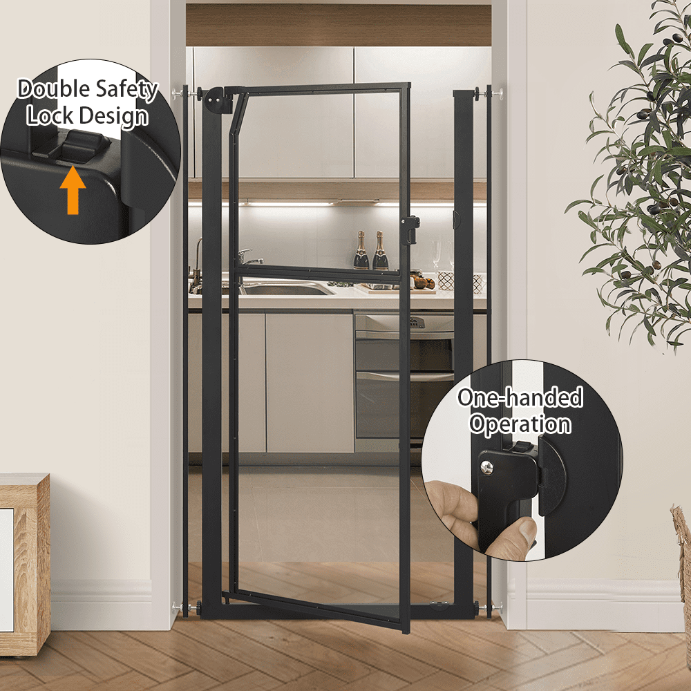 unipaws 56" Extra Tall Pet Gate, Clear Tall Cat Gate, 29.5-33.5" Wide No Drilling Pressure Mounted Dog Gate for Doorway, Hallway, Stairs, Black
