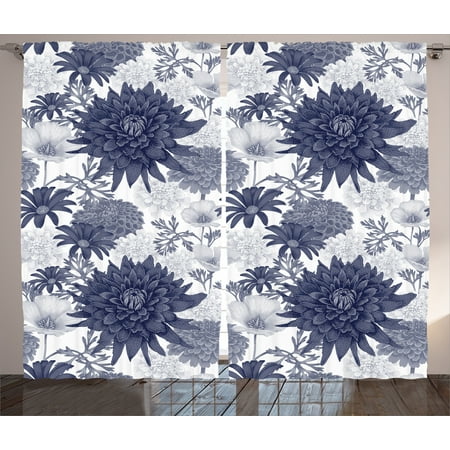 Dahlia Flower Decor Curtains 2 Panels Set, Dotted Digital Paint of Dahlias Botanical Curved Rolled Wild Ray Blunts, Window Drapes for Living Room Bedroom, 108W X 84L Inches, Blue White, by