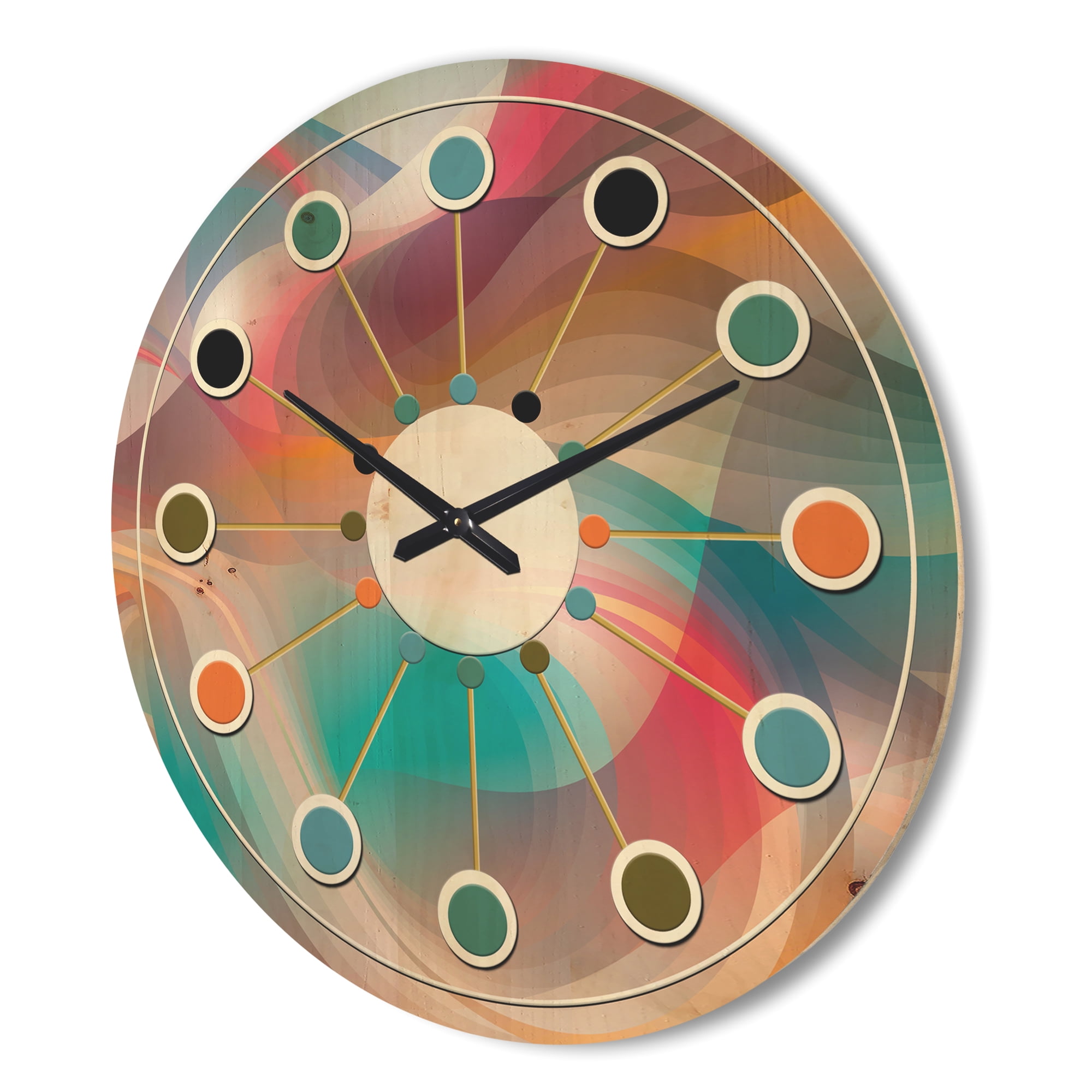 Designart 'Shining Colour Waves Retro Pattern' Mid-Century Modern Wood Wall Clock