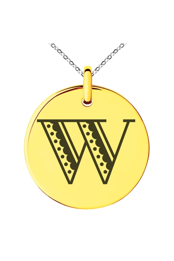 Stainless Steel Letter W Initial Metro Retro Monogram Engraved Small Medallion Circle Charm Pendant Necklace