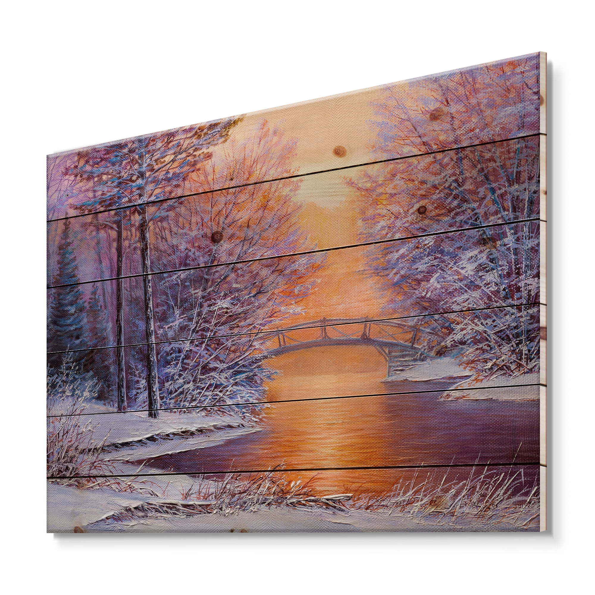 Designart 'Winter Landscape With Bridge Over The River' Traditional Print on Natural Pine Wood