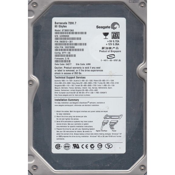 ST380013AS, 3JV, AMK, PN 9W2812-301, FW 3.18, Seagate 80GB SATA 3.5 Hard Drive