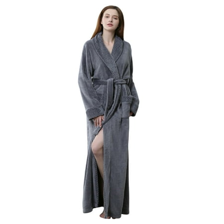 

Women Maxi Bathrobe Long Sleeve Plush Soft Shawl Collar Bathing Robe Waffle Plaid Cuff Plus Size Couples Casual Holiday Homewear Robe for Cold Weather Sleepwear S-L Gray