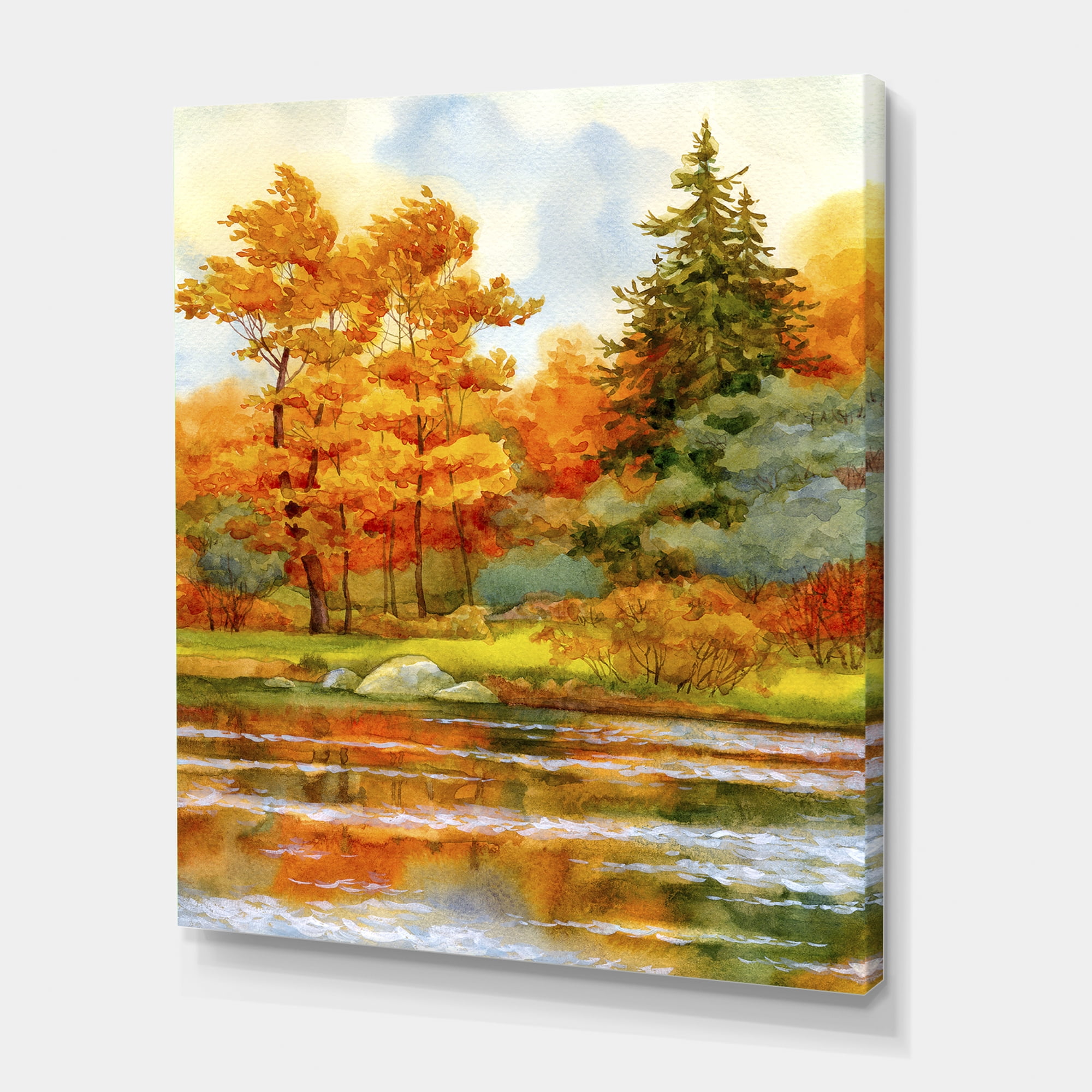 Designart ' Autumn Forest By The Lake Side III ' Lake House Canvas Wall Art Print