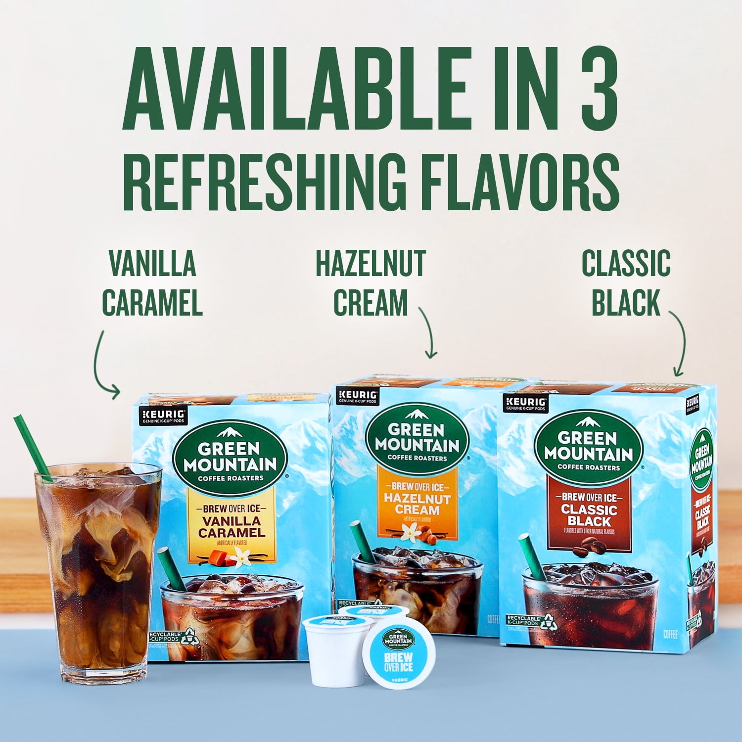 Green Mountain Coffee Roasters Brew Over Ice Vanilla Caramel, Single Serve Keurig K-Cup Pods, Flavored Iced Coffee, 24 Count