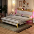 thumbnail image 2 of FOLDLIFE King Bed Frame with Charging Station, LED Bed Frame with Storage Headboard, Upholstered Platform Bed Frame, No Box Spring Needed, Easy Assembly, White＆Gold, 2 of 10