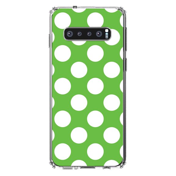 DistinctInk Clear Shockproof Hybrid Case for Samsung Galaxy S10 (6.1" Screen) - TPU Bumper, Acrylic Back, Tempered Glass Screen Protector - White & Green Polka Dots
