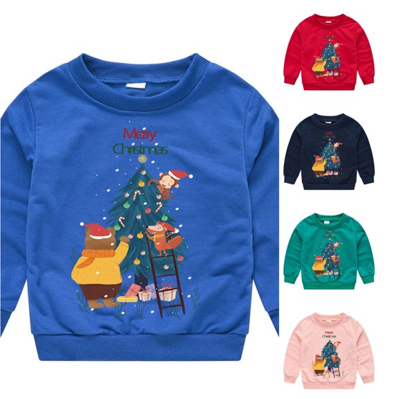 Toddler Girls Casual Tops Crew Neck T Shirts Cute Long Sleeve Pullover Top for Kids with Santa Print Tops Tees Size 100 ,Blue