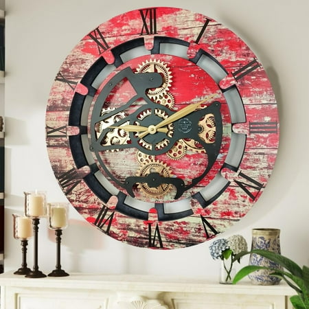 THE GEARS CLOCK Wall Clock with Real Moving Gears CA-LI_ 24 in Round Red-Lava