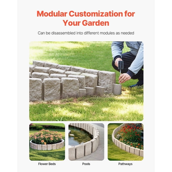 Faux Stone Landscape Edging,47.2x9 in Realistic Lawn Edging,Flexible Brick-Sized Garden Edging Border with Anchoring Spikes,Fade-Resistant Yard Edging for Driveways Walkway Beige