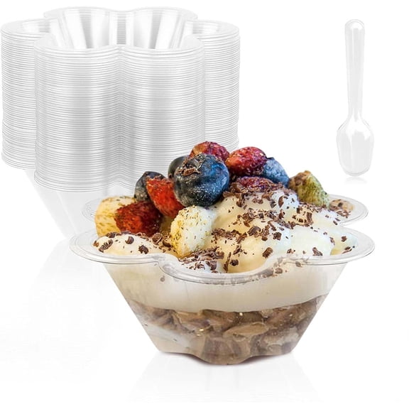 bililiart Dessert Cups with Spoons, 50 pack 7oz Flower Shape Clear Plastic Ice Cream Bowls for Sundae, Parfait, Fruit