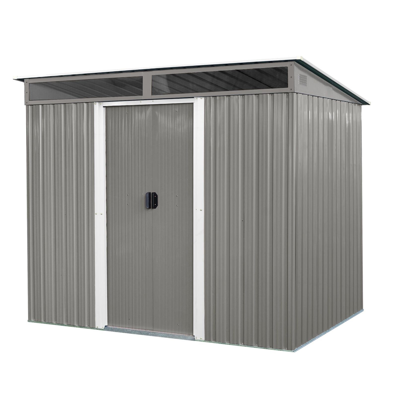Kosynda 8' x 6' Outdoor Storage Shed with Lockable Sliding Doors, Waterproof Metal Tool Storage House with Transparent plate for Garden, Lawn, Backyard (Gray)