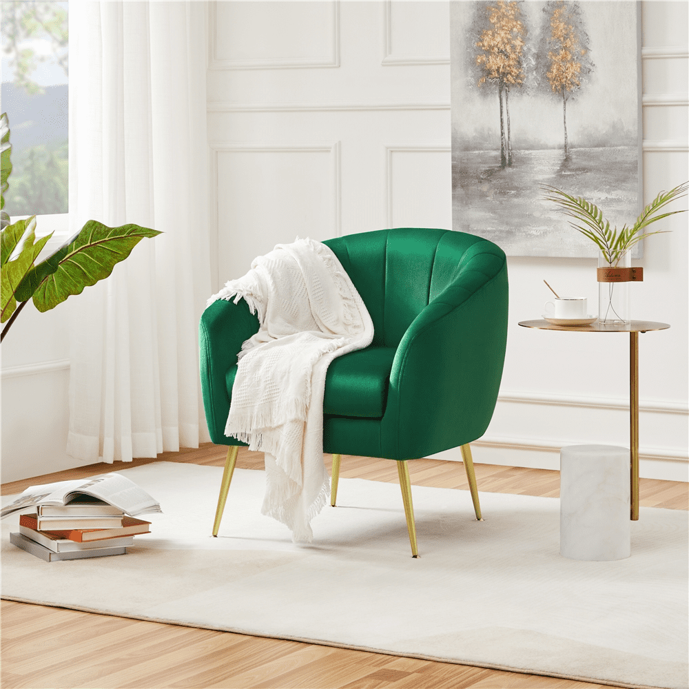 Alden Design Barrel Accent Chair with Gold Metal Legs for Living Room, Green