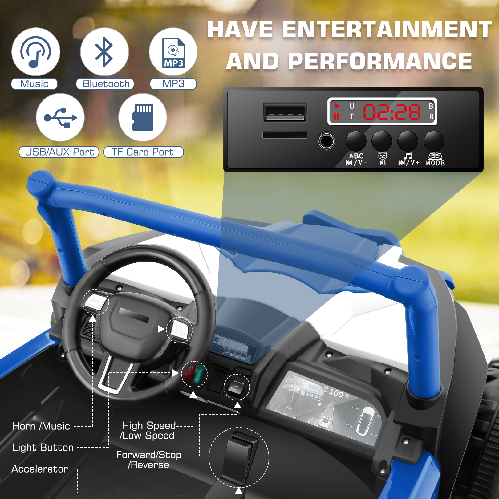 Farmdex 4WD 24V Ride on Toys 2 XL Seater Kids Ride on Cars w/ Remote Control, 4*200W Motor, Electric Off-Road UTV 7AH Battery Powered 4-Wheeler Vehicle w/ Bluetooth, Music, 3-Speed, LED Light, Blue