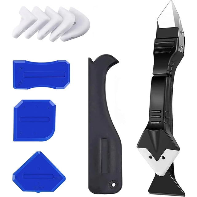 juego de 10 herramientas para quitar silicona, 3 en 1, raspador de lechada, removedor de sellador, herramienta de sellado azul — vista frontal centrada de raspador negro con cabeza de acero inoxidable 3 en 1, espátula de silicona negra, tres herramientas azules y seis almohadillas blancas intercambiables (radios 3R–17R); diseño ergonómico para eliminar y alisar sellos en cocina, baño, ventanas y fregaderos; también apto para retocar juntas pequeñas.