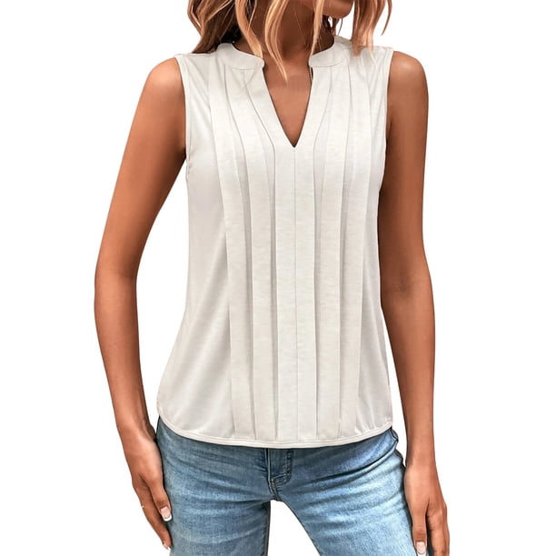 Top sin mangas con cuello en V y pliegues para mujer, poliéster-spandex, tallas S-XXL, elegante/casual, bloques de color