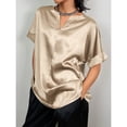 thumbnail image 3 of Blusa de satén con escote en V y manga corta para mujer, color caqui, transpirable, talla L, para primavera y verano, 3 of 6