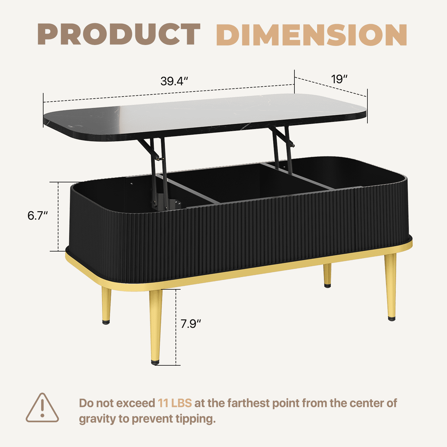 BaPiPro 39" Lift Top Coffee Table with Storage, Modern Fluted Rectangle Center Table with Hidden Compartment for Living Room, Home Office, Black