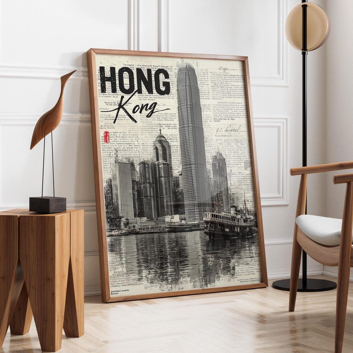 Hong Kong Skyline Poster, Vintage Harbor City Travel Art