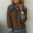 thumbnail image 5 of TKLPEHG Long Sleeve Shirts for Women Lapel Denim Patchwork Stitching Pullover Sweatshirt Spring Clothing Casual Comfy Lightweight Tops (Brown,XXL), 5 of 7