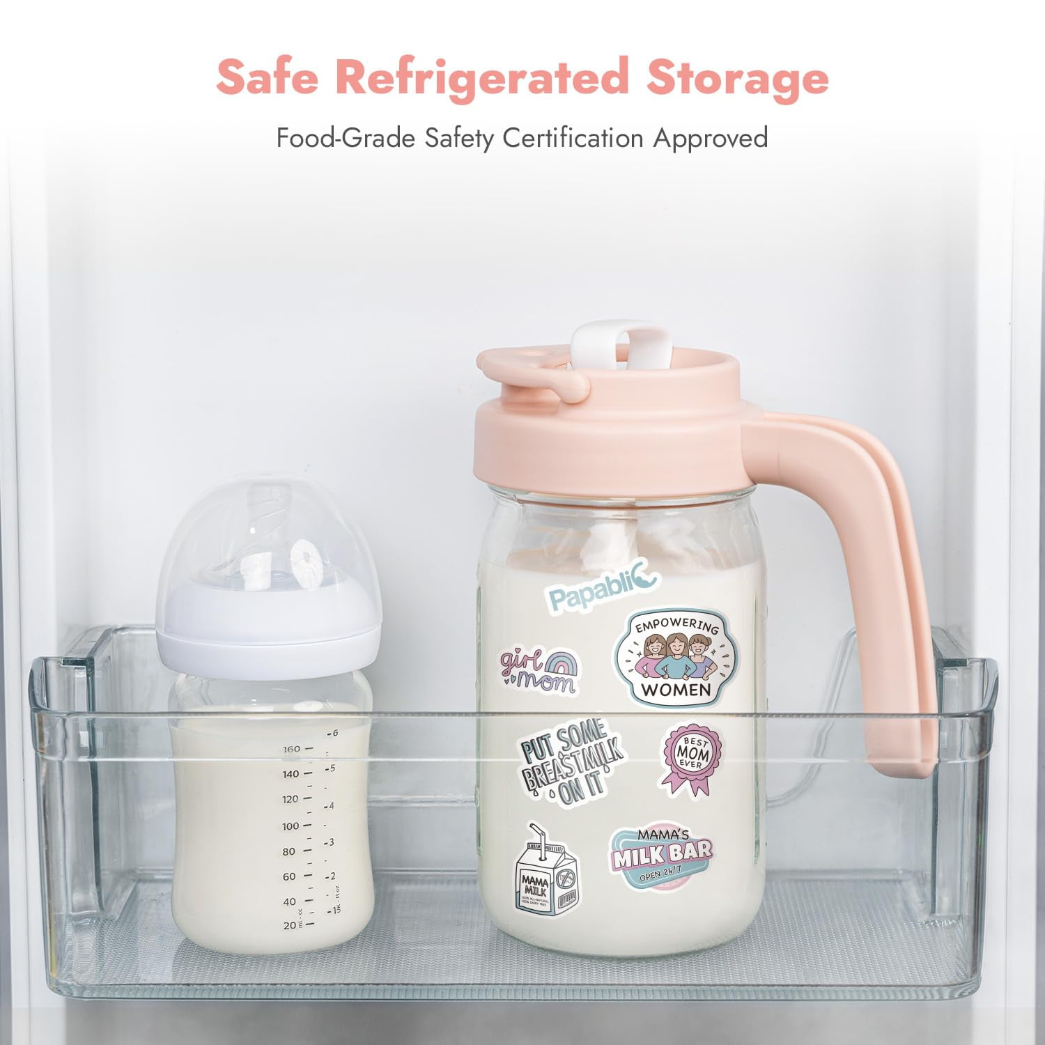 Papablic Glass Breastmilk Pitcher, Formula Mixing Pitcher with Mixing Handle Lid, Wide Mouth Mason Jar Mixer with Flip Locking Spout, Easy to Clean, BPA Free, Pink